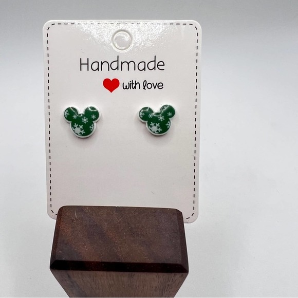 Green Mickey Mouse snowflake stud earrings. Christmas, Winter, Holiday. - Picture 3 of 9